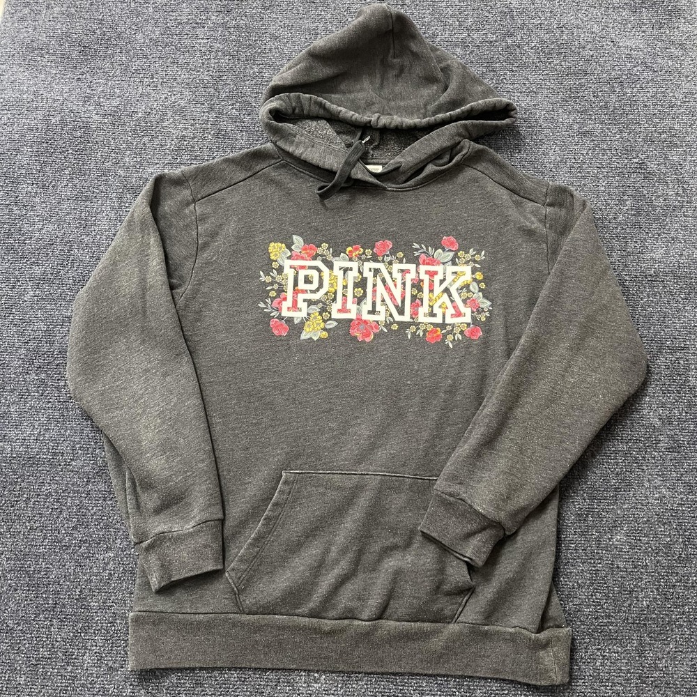 PINK Victoria's Secret Hoodie Womens Small Gray Floral Logo‎ Pullover Fleece